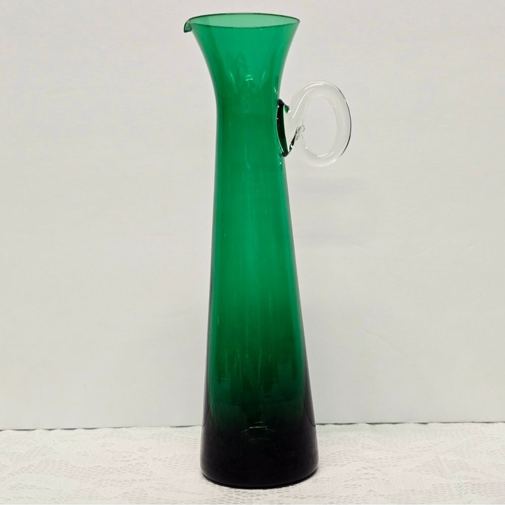 Vintage Relpo Mid Century Art Blown Glass Emerald Green Mini Pitcher or Bud Vase